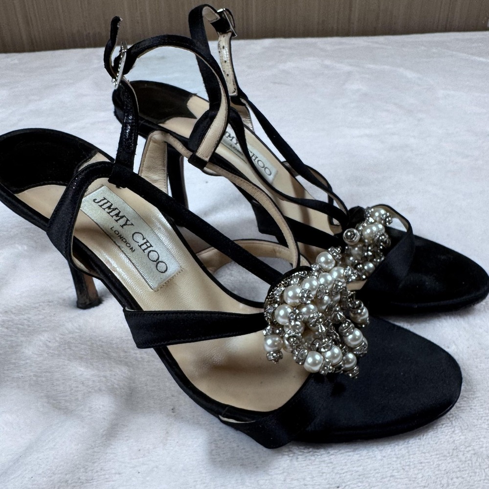 Jimmy Choo Sandals Womens Size 6.5 Black Pearl Rhinestone Strappy Italy Shoes